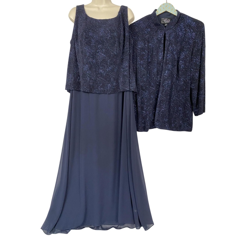 Alex Evenings 2 Piece Dress Jacket Set Womens 18W Navy Blue Glimmer Gown Formal